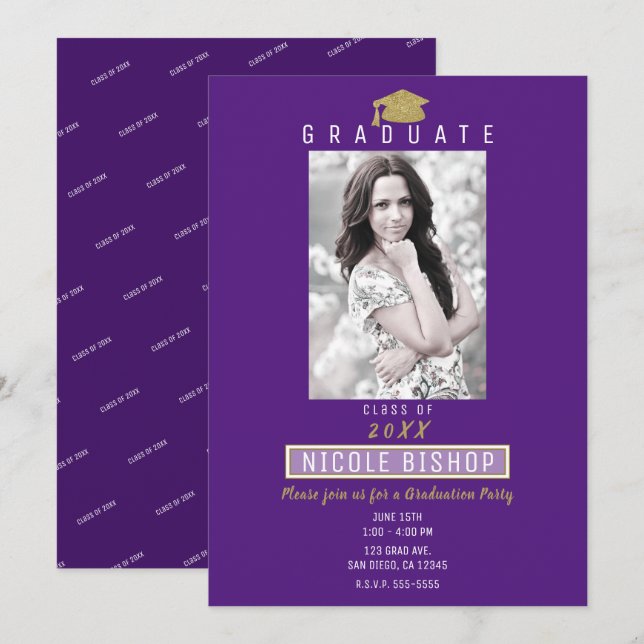 Gold Glitter Grad Cap Purple Graduation Party  Invitation (Front/Back)