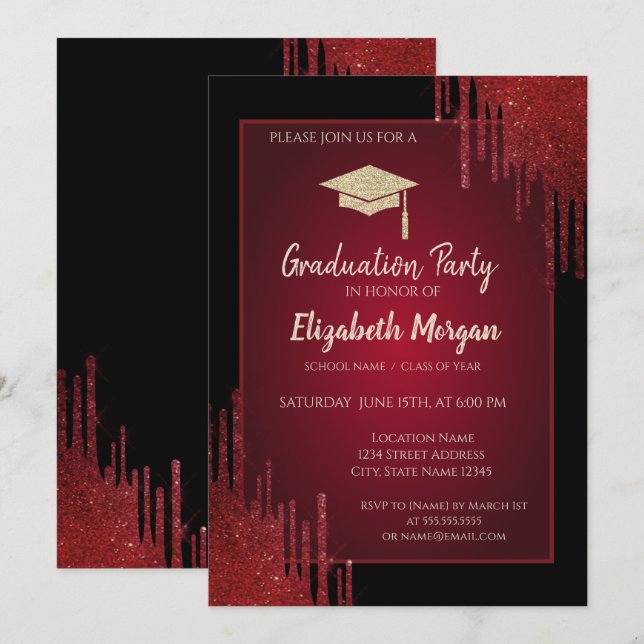 Gold Glitter Grad Cap,Red Drips Black Graduation  Invitation (Front/Back)