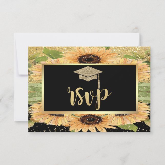 Gold Glitter Grad Cap, Sunflowers Graduation Party RSVP Card (Front)