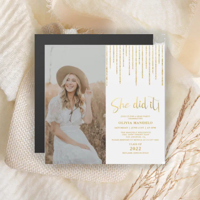 Gold Glitter Grad Party Photo Magnetic Invitation | Zazzle