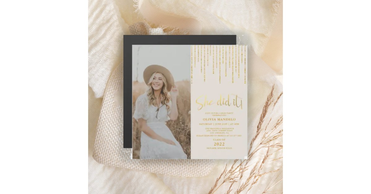 Gold Glitter Grad Party Photo Magnetic Invitation | Zazzle