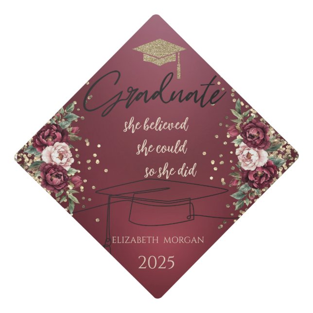  Gold Glitter Graduate Cap Burgundy Flowers (Front)