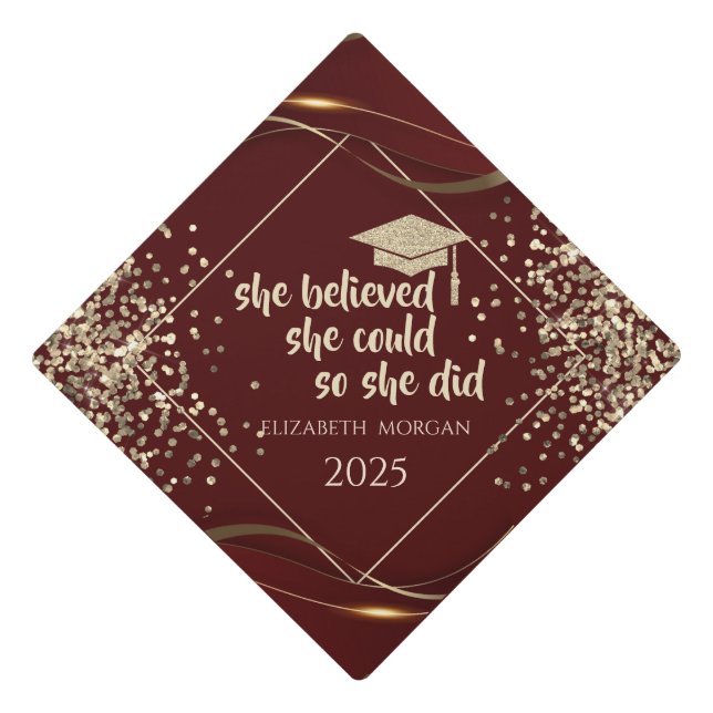 Gold Glitter Graduate Cap,Confetti Dark Red  Graduation Cap Topper (Front)