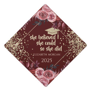 Gold Glitter Graduate Cap,Confetti Dark Red Roses Graduation Cap Topper
