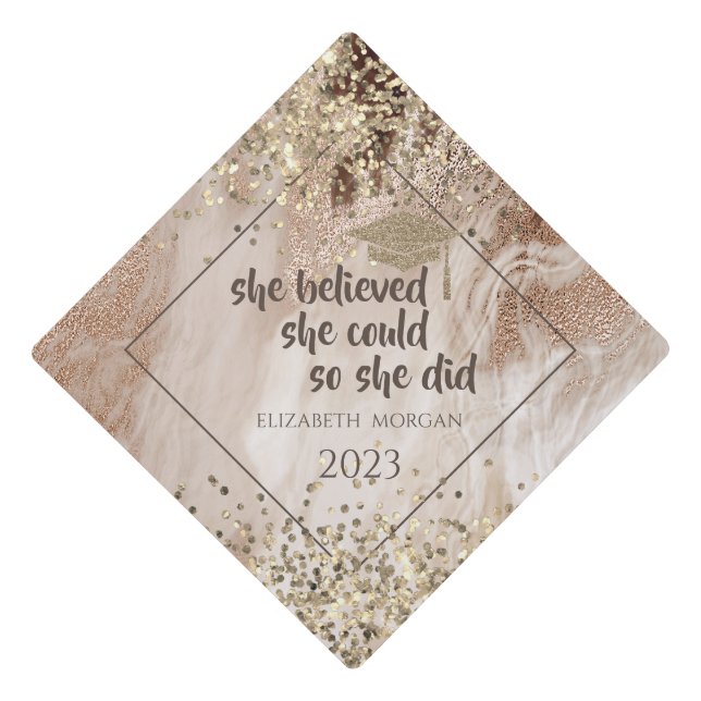 Gold Glitter Graduate Cap,Confetti Marble Graduation Cap Topper (Front)