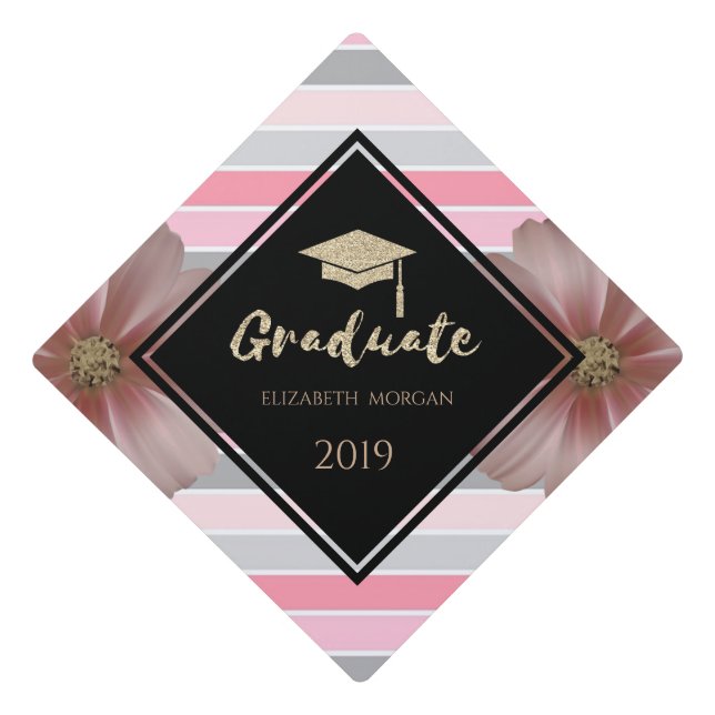 Gold Glitter Graduate Cap,Daisy, Stripes Graduation Cap Topper (Front)