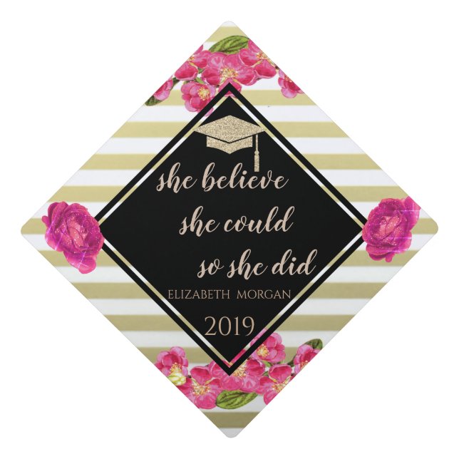 Gold Glitter Graduate Cap,Flowers,Roses, Stripes Graduation Cap Topper (Front)