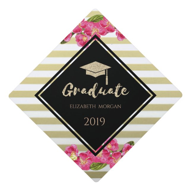 Gold Glitter Graduate Cap,Flowers, Stripes Graduation Cap Topper (Front)