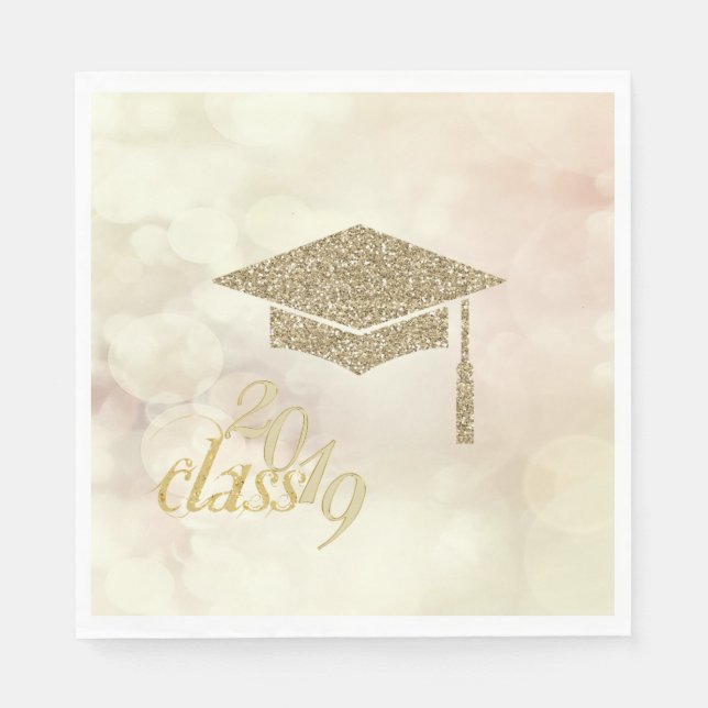 Gold Glitter Graduation Cap,Bokeh, Class 2019 Napkins (Front)