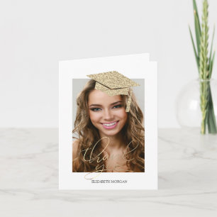 Gold Glitter Graduation Cap Calligraphy Photo Thank You Card