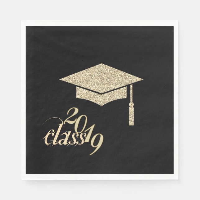 Gold Glitter Graduation Cap, Class 2019 Napkins (Front)