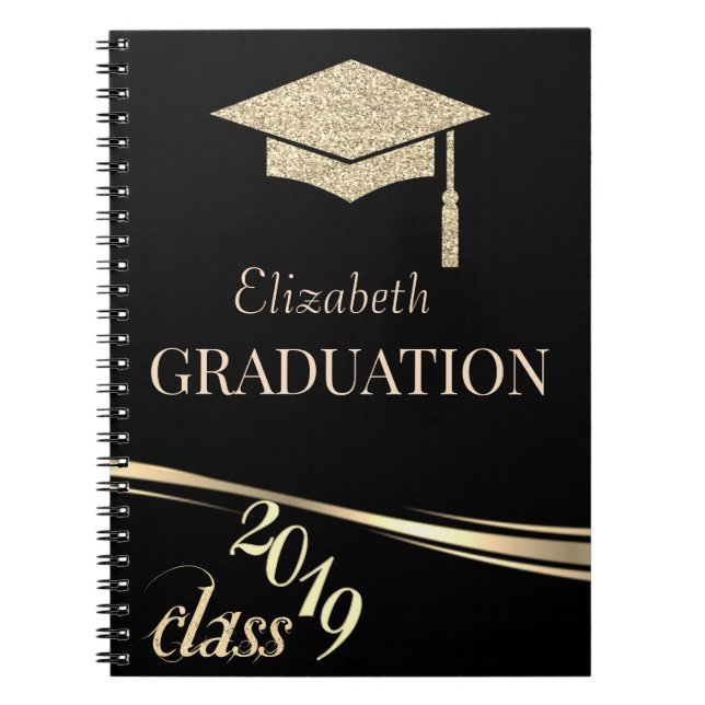 Gold Glitter Graduation Cap, Class 2019 Notebook (Front)