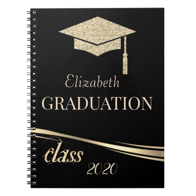 Gold Glitter Graduation Cap, Class 2020 Notebook (Front)