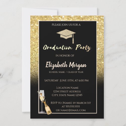 Gold Glitter Graduation CapConfettiWineGlass Invitation