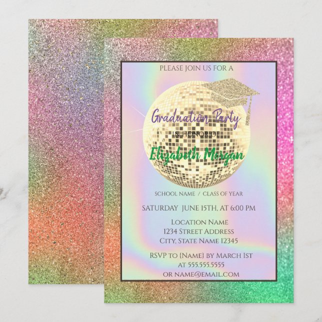 Gold Glitter Graduation Cap,Disco Ball,Colorful Invitation (Front/Back)