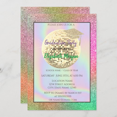 Gold Glitter Graduation CapDisco BallColorful Invitation