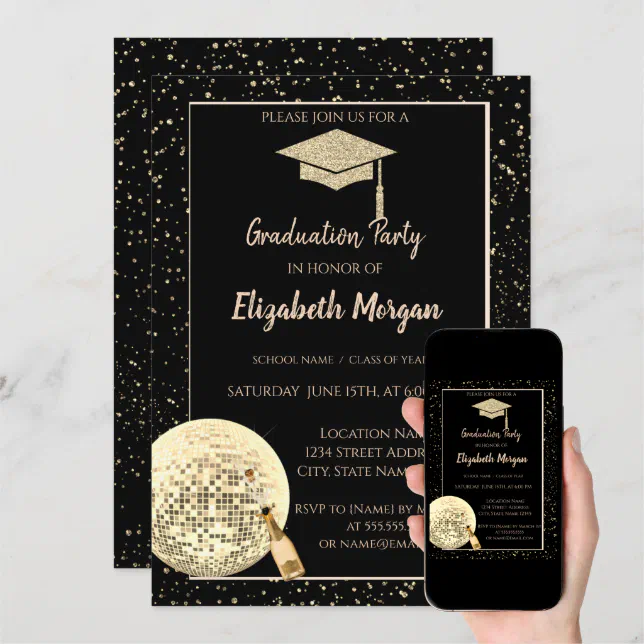 Gold Glitter Graduation Cap,Disco Ball Confetti Invitation | Zazzle