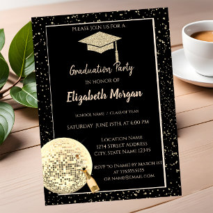 Gold Glitter Graduation Cap,Disco Ball Confetti Invitation