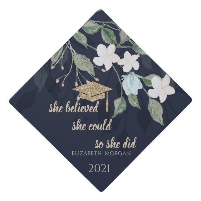 Gold Glitter Graduation Cap Floral Navy Blue (Front)