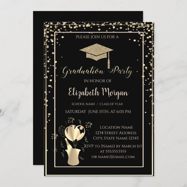 Gold Glitter Graduation Cap Frame Graduation Party Invitation (Front/Back)