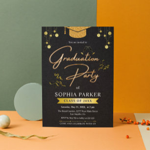 Gold Glitter Graduation Cap Graduation Invitation
