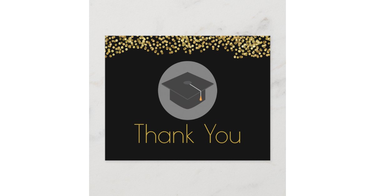 Gold Glitter & Graduation Cap on Black Thank You Postcard | Zazzle