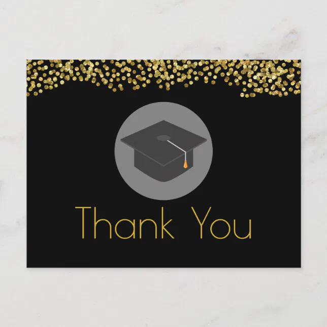 Gold Glitter & Graduation Cap on Black Thank You Postcard | Zazzle