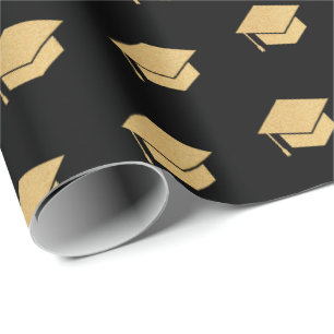 Gold Glitter Graduation Cap Pattern Black Wrapping Paper