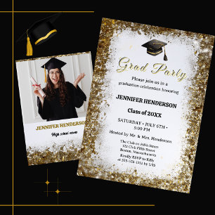 Gold Glitter Graduation Cap Photo Class of 2026 Invitation