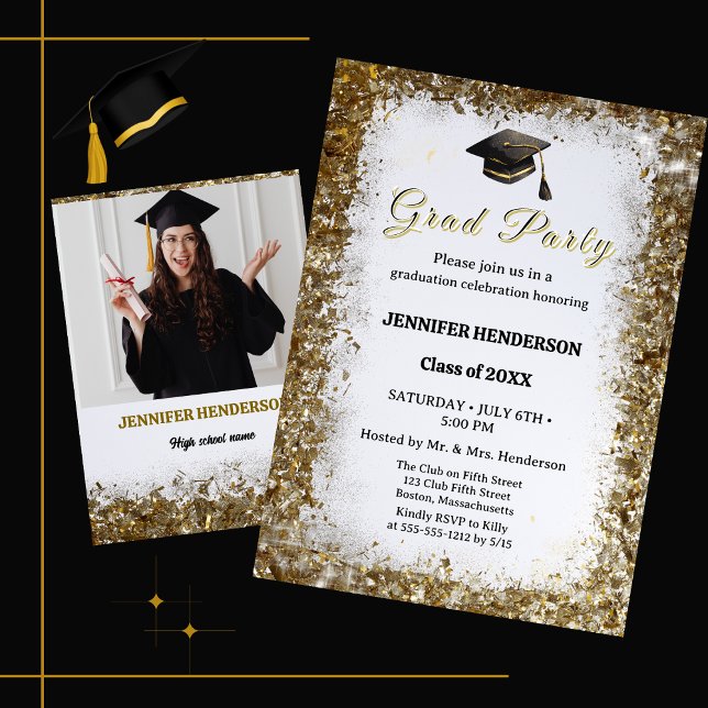  Gold Glitter Graduation Cap Photo Class of 2026 Invitation (Creator Uploaded)