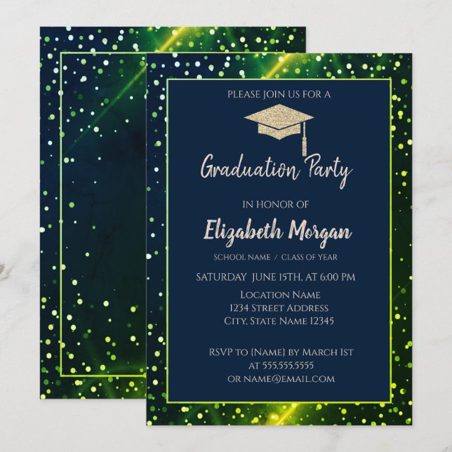 Gold Glitter Graduation Cap,Polka Dots,Green Invitation (Front/Back)