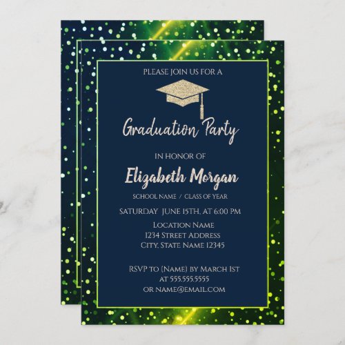 Gold Glitter Graduation CapPolka DotsGreen Invitation