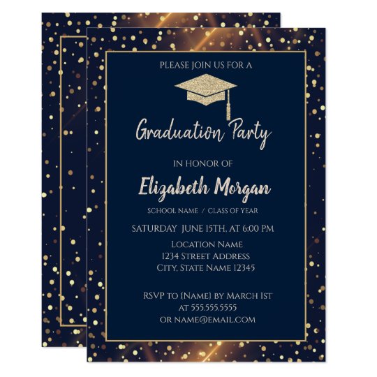 Gold Glitter Graduation Cap,polka Dots,navy Blue Invitation 