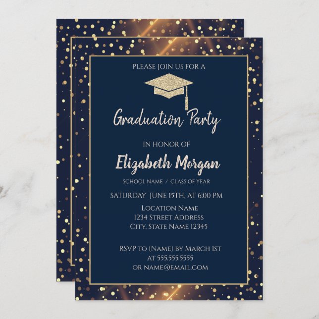 Gold Glitter Graduation Cap,Polka Dots,Navy Blue Invitation (Front/Back)