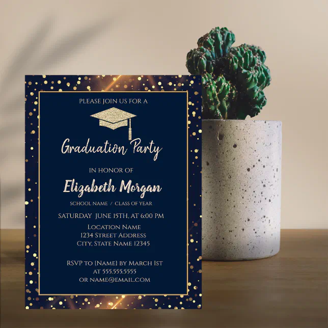 Gold Glitter Graduation Cap,Polka Dots,Navy Blue Invitation | Zazzle