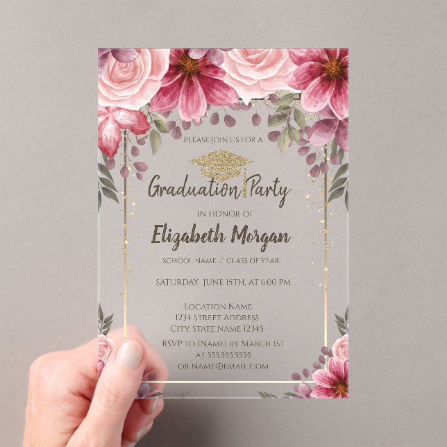 Gold Glitter Graduation Cap,Stripes Floral Acrylic Invitations (Insitu (Handheld))