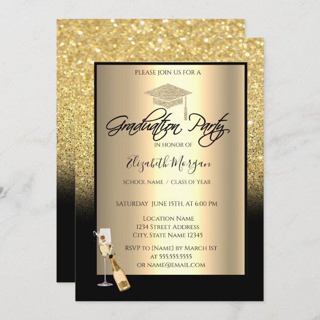 Gold Glitter Graduation Cap,Wine,Glass Graduation Invitation (Front/Back)
