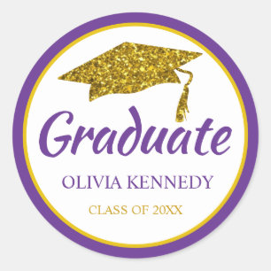 Gold Glitter Graduation Hat Purple Graduate Name Classic Round Sticker