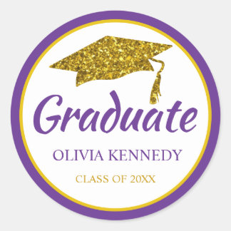 Gold Glitter Graduation Hat Purple Graduate Name Classic Round Sticker
