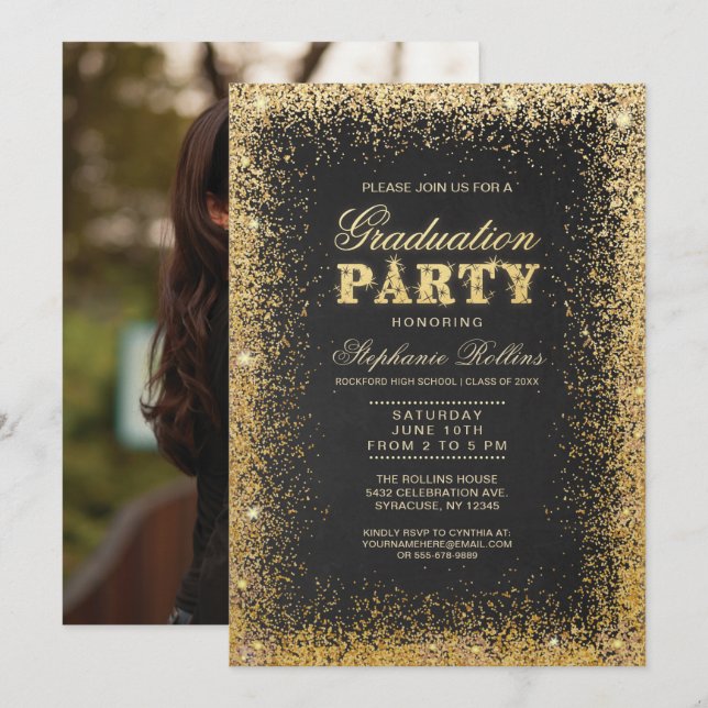 Gold & Glitter Graduation Party Invitations (Front/Back)