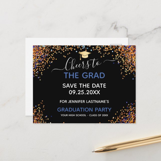Gold Glitter Graduation Party Save the Date Postca Postcard (Front/Back In Situ)