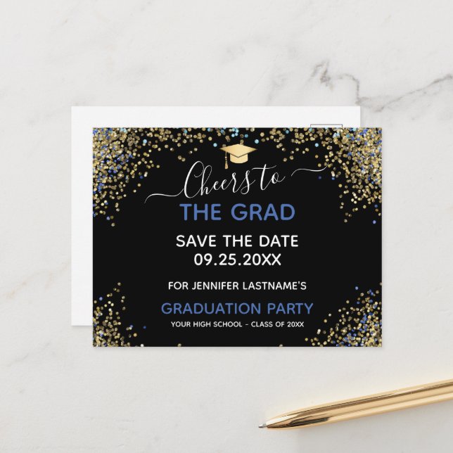 Gold Glitter Graduation Party Save the Date Postcard (Front/Back In Situ)