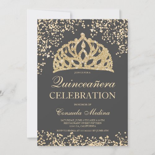 gold glitter gray crown tiara Quinceaera Invitation