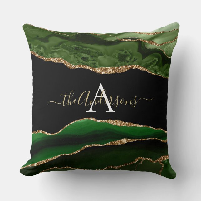 Gold Glitter Green Agate Geode Monogram Throw Pillow (Front)