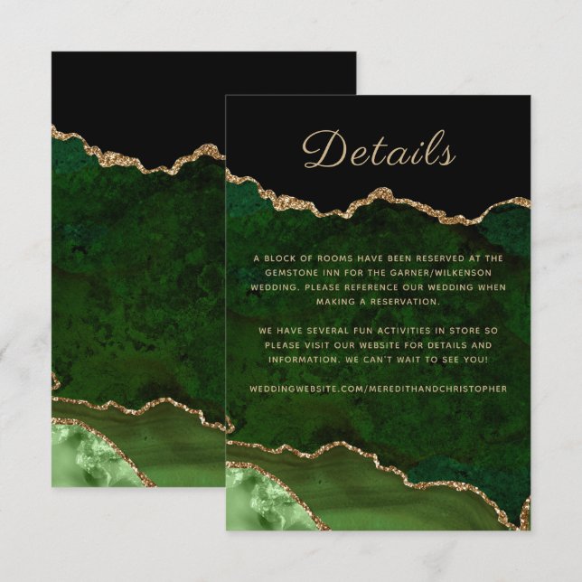 Gold Glitter Green Agate Wedding Details Enclosure Card (Front/Back)
