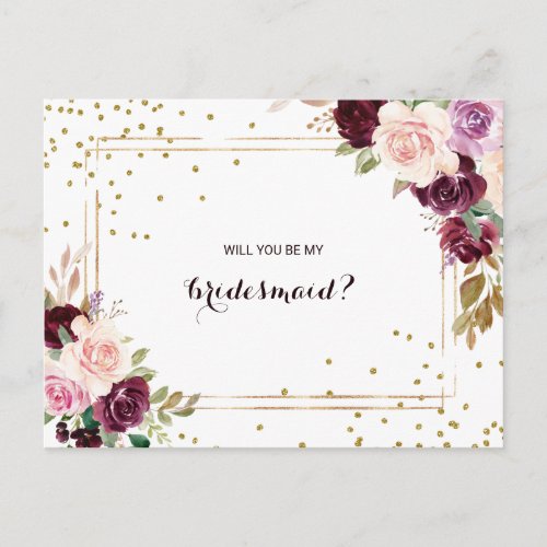 Gold Glitter Green Burgundy Floral Bridesmaid Invitation Postcard