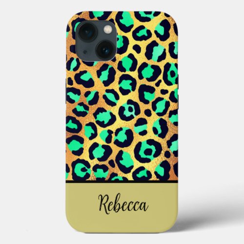 Gold Glitter Green Leopard Print Name iPhone 13 Case