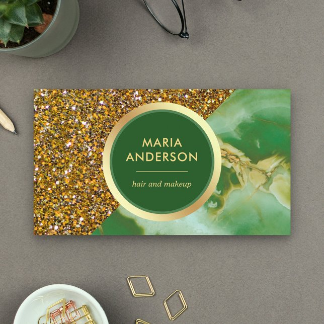 Gold Glitter Green Marble Hair Salon Makeup Artist Business Card (Creator Uploaded)
