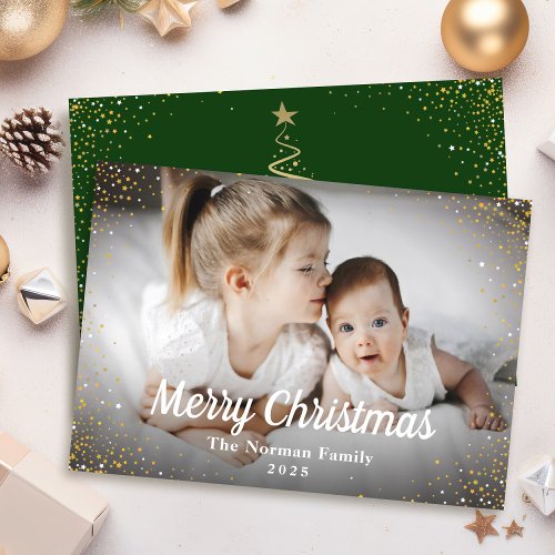Gold Glitter Green Merry Christmas Photo Holiday Card