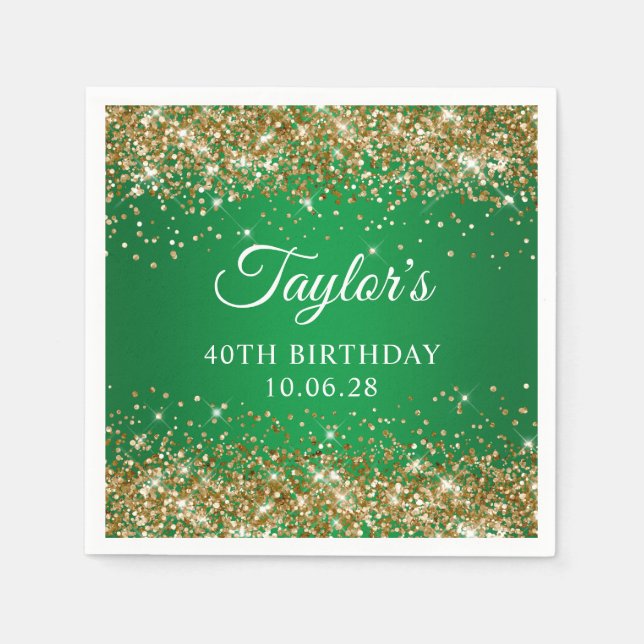 Gold Glitter Green Ombre 40th Birthday Napkins (Front)